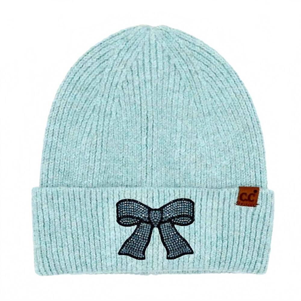 NEW FASHION CITY women's rhinestone ribbon bow embellishment beanie in light blu